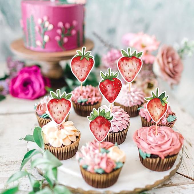 25pcs Watercolor Printed Strawberry Cupcake Toppers Red Strawberries Cupcake Picks for Strawberry Baby Shower Kids Boys Girls Berry Birthday Sweet Fruit Party Cake Decorations