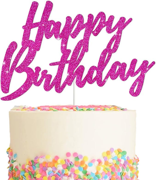 BEISHIDA Happy Birthday Cake Topper - Hot Pink Glitter, Perfect for Girl's Women's Birthday Parties, Reusable Keepsake