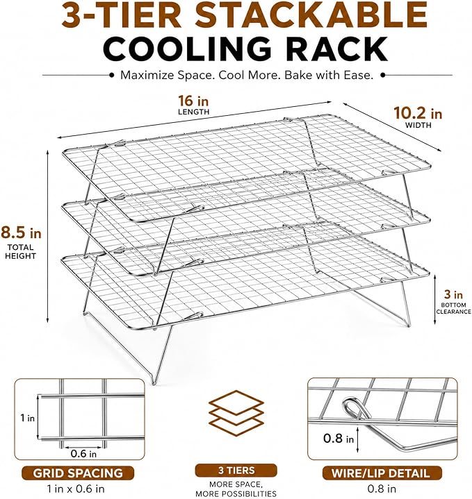 Cooling Rack, 3 Tier Stackable Cooling Racks for Cooking Baking Roasting, Multi-Level Collapsible Cookie Rack for Cakes, Oven Safe & Easy Clean (Silver, 3-Tier)