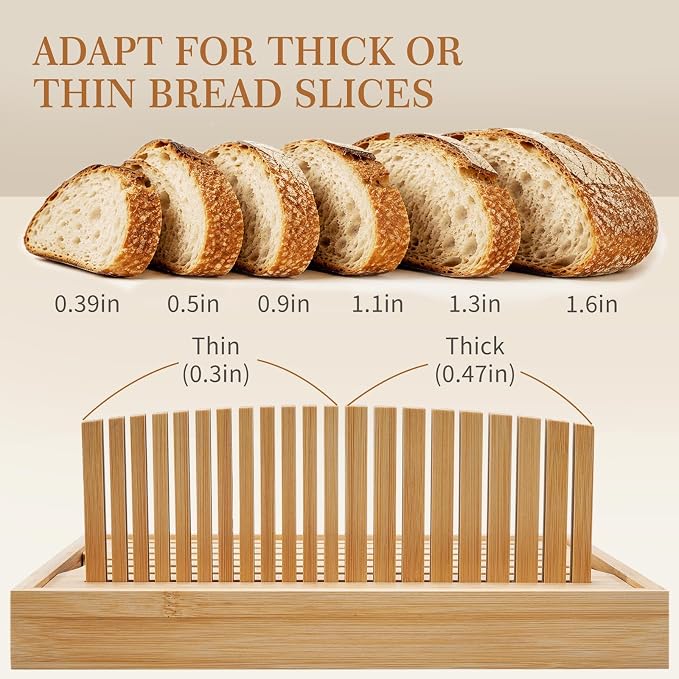 Bread Slicing Guide, Bamboo Bread Slicing Guides with Adjustable Width, Crumb Catcher & Serve Tray for Homemade Bread Cut