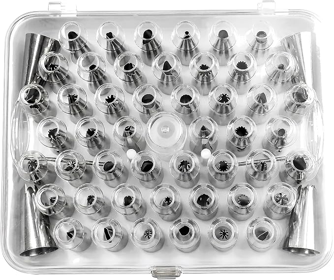 55 Pcs Piping Tips Set with Storage Case, Stainless Steel Icing Nozzles for Cake Decorating, 48 Small and 4 Large Frosting Tips, 1 Coupler, 2 Flower Nails for Cupcakes, Cookies, Desserts
