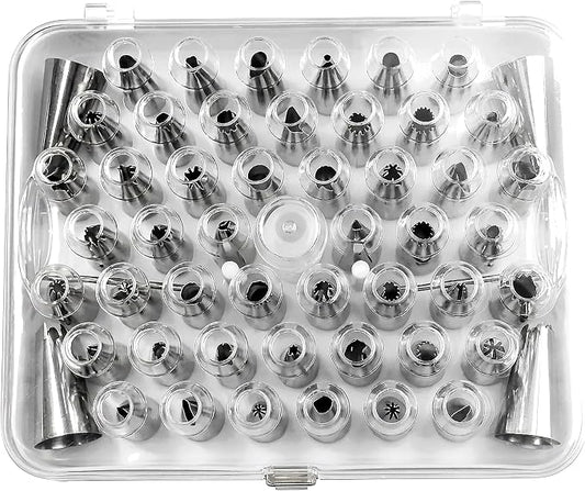 55 Pcs Piping Tips Set with Storage Case, Stainless Steel Icing Nozzles for Cake Decorating, 48 Small and 4 Large Frosting Tips, 1 Coupler, 2 Flower Nails for Cupcakes, Cookies, Desserts