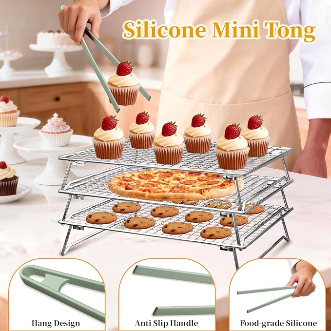 3-Tier Cookie Cooling Racks for Cooking & Baking, 304 Stainless Steel 13"x9" Stackable Wire Rack, Oven & Dishwasher Safe, Baking Rack for Oven, with Silicone Tongs