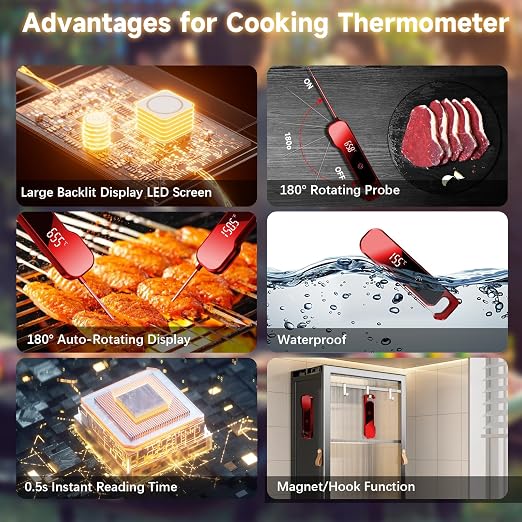 Meat Thermometer Digital with 1 Second Instant Read, Large LED Display, Food Thermometer 2026 Upgraded Waterproof Kitchen Meat Thermometer for Grilling, Cooking, BBQ, Oven