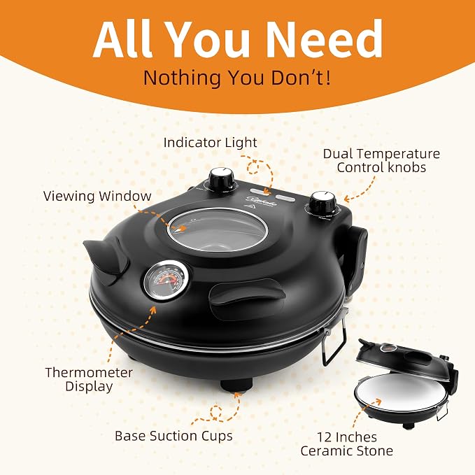 Electric-Pizza-Oven, 12'' Indoor-Electric-Pizza-Maker, 1200W Countertop Pizza Maker Machine with Dual Temp Control, Crispy Crust Pizzas in Minutes, Black