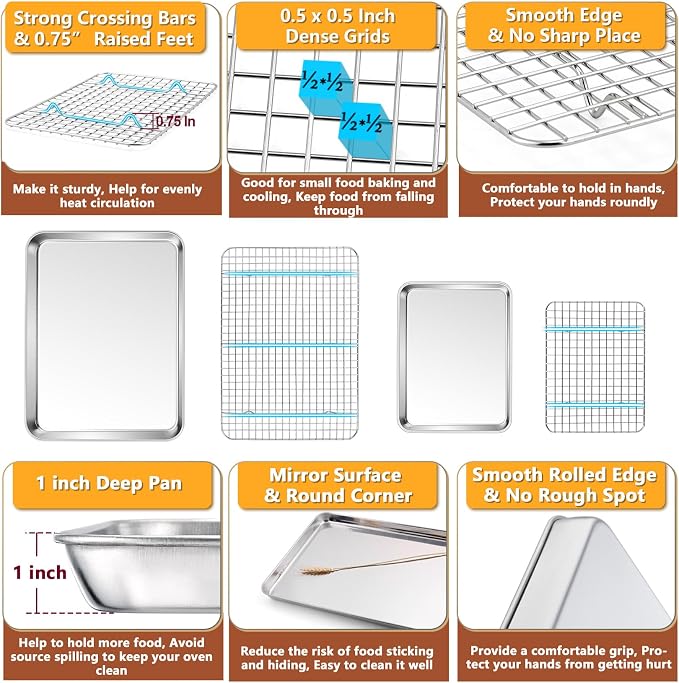 P&P CHEF 16 + 10.4 Inch Baking Sheet and Rack Set, Stainless Steel Cookie Sheets Oven Baking Pans Trays with Cooling Racks for Cooking & Roasting, Oven & Dishwasher Safe, (4Pcs)