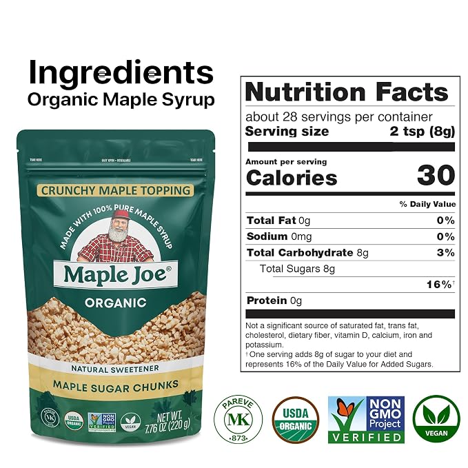 Maple Joe Organic Maple Sugar Sprinkles, Maple Flakes Made With Canadian 100% Pure Maple Syrup. Delicious With Coffee, Ice Cream, Yogurt & More Maple Sugar Granulated Chips Maple Chunks 7.8 oz
