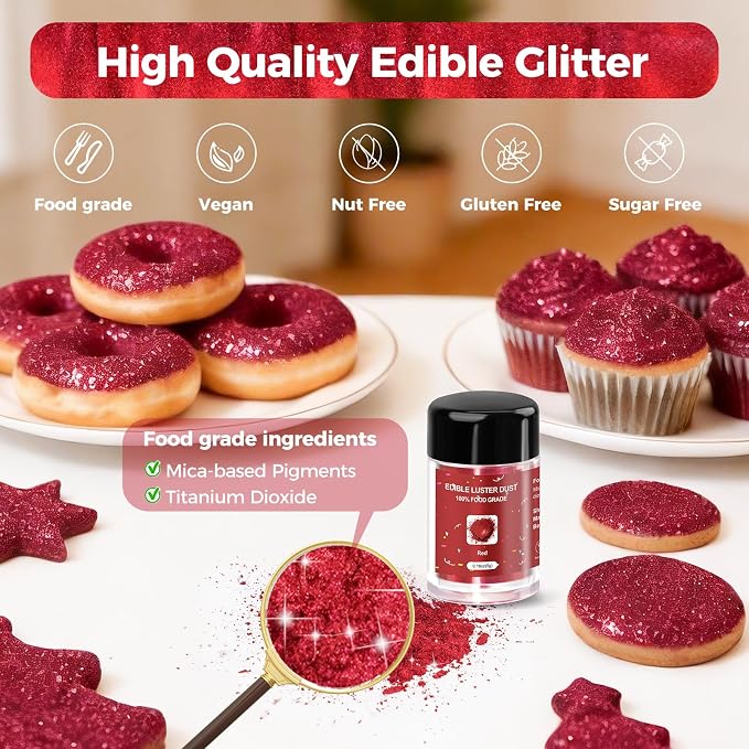 CRPTHE Red Luster Dust Edible 5g, Edible Glitter for Drinks, Food Grade Glitter Shimmer Sprinkle Powder for Cocktails, Baking, Beverages, Cakes, Strawberries, Cookies, Fondant, Vegan
