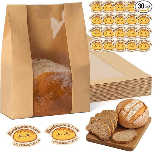 FUNFERY 30 Pcs Sourdough Bread Bags for Home Made Bread Sourdough,Large Paper Bags for Breads Gifting with Window&Cute Stickers,Loaf Bags for Bakery Packaging and Storage,Sourdough Starter Kit