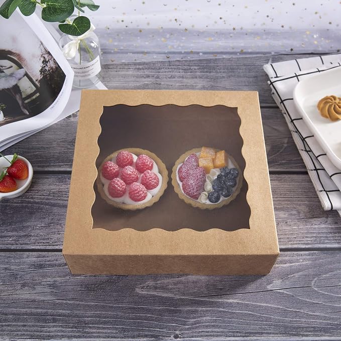 ONE MORE [25pcs] 9inch Kraft Brown Bakery Boxes, Large Pie Boxes with PVC Window Natural Disposable box for Cookie 9x9x2.5inch,25 of Pack