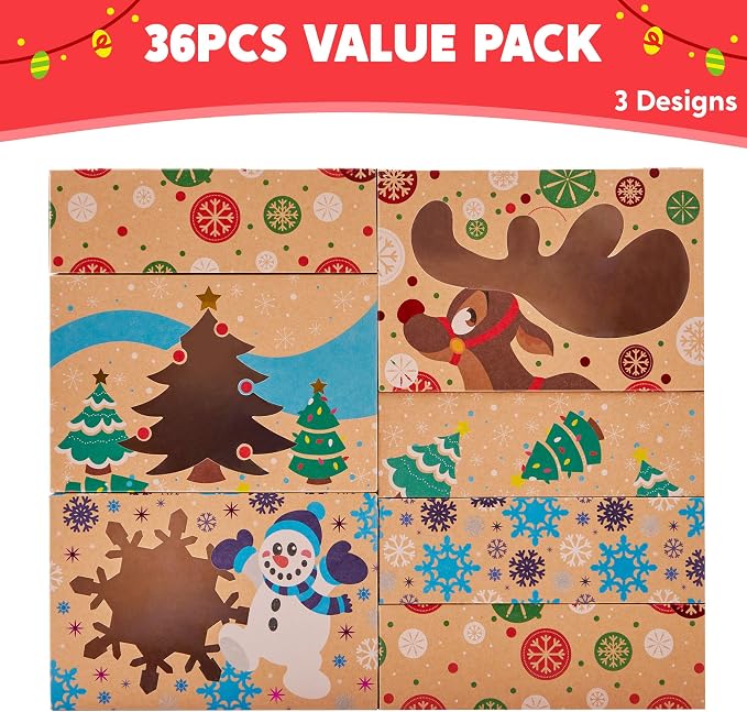 JOYIN 36PCS Christmas Cookie Boxes for Gift Giving, 8.5" x 5.75" x 2.75" Xmas Holiday Treat Cookie Tin with Window, 3 Designs Brown Foiled Kraft Bakery Boxes for Pastries, Cupcakes, Brownies, Doughnut