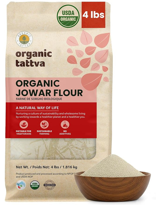 Organic Tattva Jowar Flour (4 lbs) - Organic Sorghum Flour from Sorghum Whole Grain - Gluten Free, Vegan & Kosher - Natural Plant Based Protein & Fiber - Chemical & Additives Free - USDA Certified
