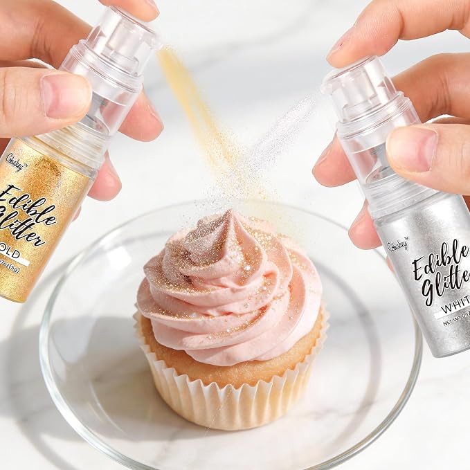 Shimmer White & Gold Edible Glitter Spray, Edible Glitter for Cocktails, Cobakey Luster Dust Edible for Cake Decorating, Drinks, Baking, Chocolate, Strawberrie 5g/2 Bottles