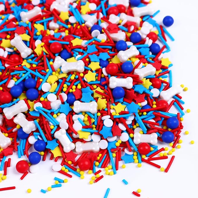 Red Blue Yellow Sprinkles with Dog Bone Candy for Cupcakes Decorating,3oz Sprinkle Mix for Birthday Pet Themed Cupcakes, Cakes, Donuts, Cookies Decorating