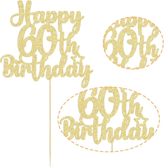 Gyufise 1Pc Happy 60th Birthday Cake Topper Glitter 60 & Cheers to 60 Years Old 60th Birthday Cake Pick for Celebrating 60th Birthday Anniversary Party Cake Decorations Supplies Gold