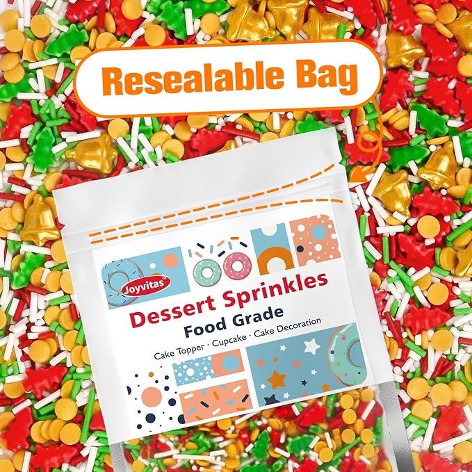 Edible Jimmies Sprinkles for Cake Decorating, 150g/5.29oz, Green & Red Tree Sprinkles, Gold Bell Yellow Nonpareils & White Sugar Mix, Cookies Cupcake Decorations, Baking Party Birthday Supplies