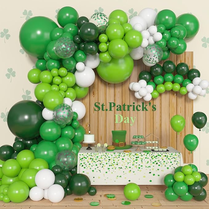 Amandir 153pcs Green Balloon Arch Garland Kit, Different Sizes 18 12 10 5inch Dark Emerald Light Lime Green Latex Confetti St Patricks Day Balloons Safari Jungle Birthday Graduation Party Decorations