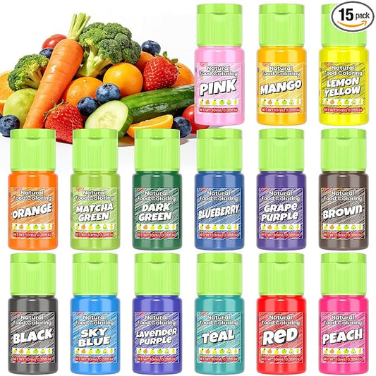Natural Food Coloring - 15 Vibrant Colors Food Coloring Set, Food-Grade, Non-GMO, FD&C & Artificial Dye Free Natural Liquid Food Dye Set for Baking, Cake Decorating, Frosting, Icing, Fondant, Cookies, DIY Slime - 10ml (0.35fl oz)/Bottles