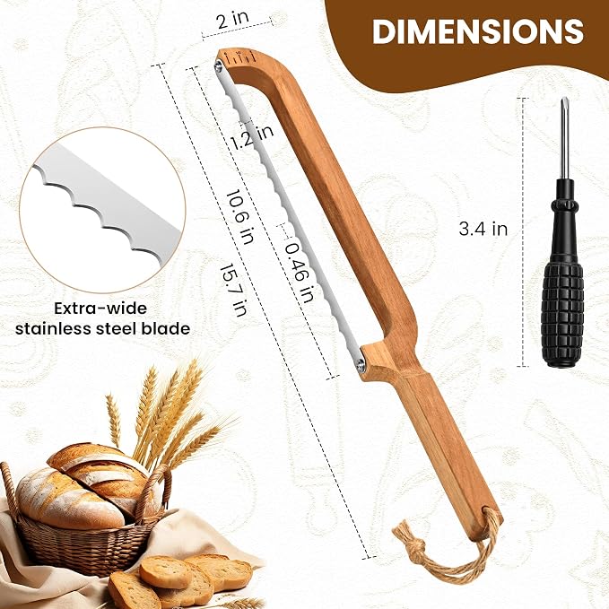 16" Wooden Bow Bread Knife with Measuring Scale – Fiddle Bow Slicer for Homemade Bread & Sourdough, Serrated Stainless Steel Bread Saw for Artisan Loaves, Bagels & Baguettes