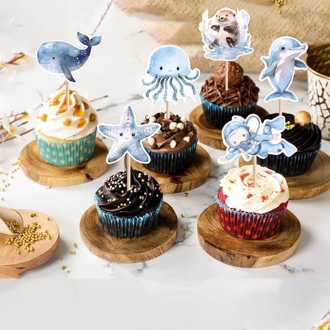 40 PCS Ocean Sea Animal Cupcake Toppers Shark Dolphin Starfish Octopus Seahorse Cupcake Picks Under the Sea Baby Shower Decorations for Under the Sea Theme Birthday Party Cake Decoration Supplies
