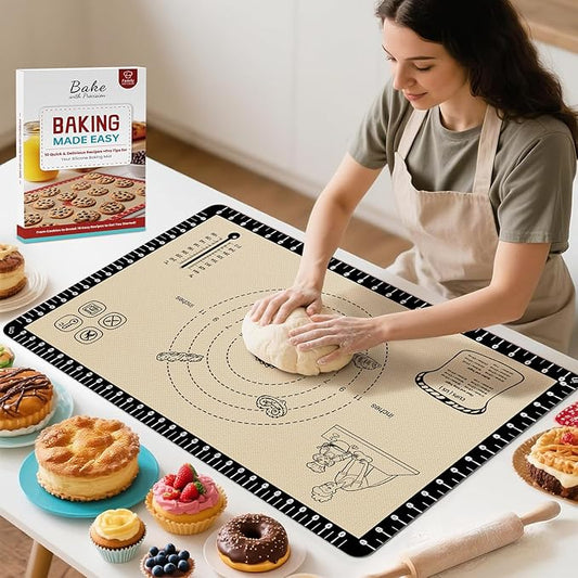 Extra Thick Silicone Baking Mat with 10 Easy Recipes,Silicone Mat for Baking, Non Stick Pastry Mat for Dough Rolling, Macaron, Cookie, bread, Pizza, Fondant/Pie Crust, Oven& Dishwasher Safe