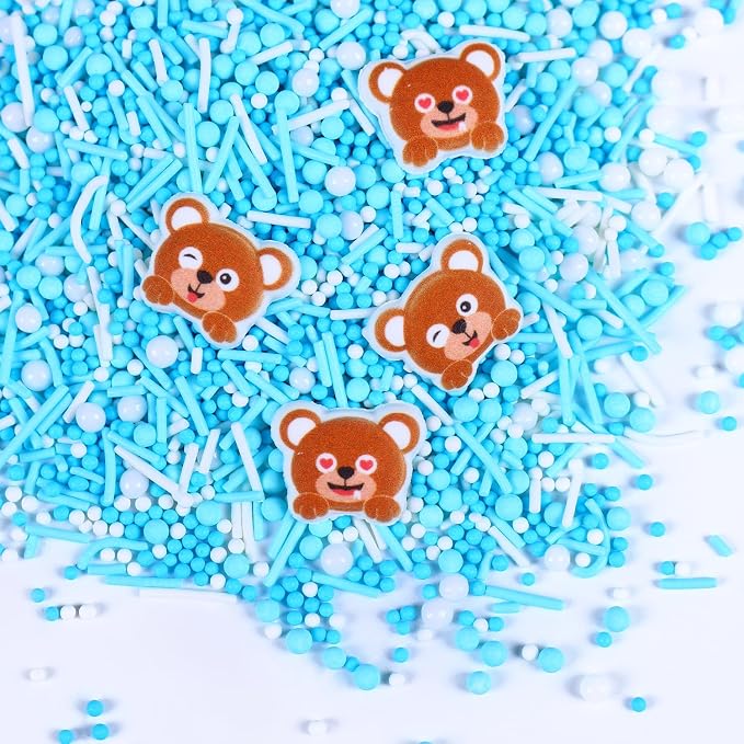 Edible Bear Cupcake Toppers, Blue White Sprinkles, Pearls, Jimmies Sprinkles, 4 pcs Edible Bear Cake Decorations for Baby Showers, Animal Theme, Birthday Party Decorative(3.5oz/100g)