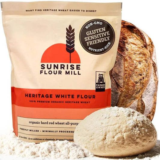 Sunrise Flour Mill Heritage Organic White Flour | USDA Organic All Purpose Flour Unbleached - Non-GMO, Kosher, Grown Without Glyphosate, High Protein for Baking, Unbromated White Wheat (80 Ounce (Pack of 1))