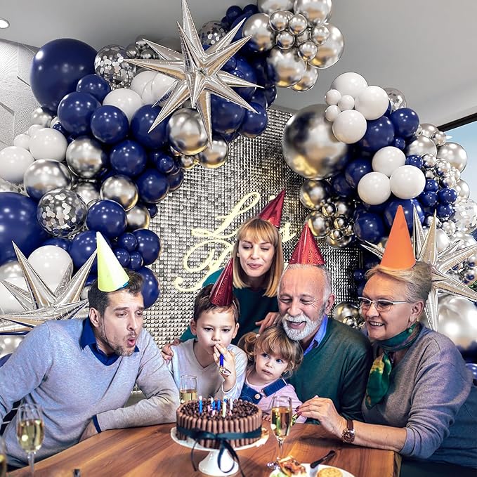 130pcs Navy Blue and Silver Balloon Garland Arch Kit with 3pcs Silver Star Balloons, Royal Blue Metallic Silver White Balloons for Birthday Baby Shower Wedding Graduation Party Decorations