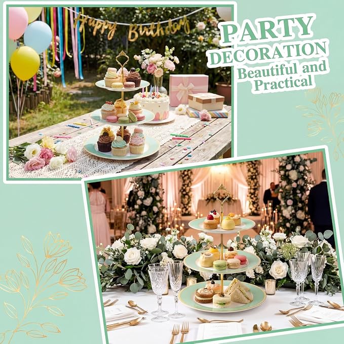 CHENGU 3 Tier Cupcake Stand Green Ceramic with Gold Frame, 10" 9" 7" Dessert Tower for Baby Shower Birthday Wedding Tea Party, Tiered Cake Holder Display for Cupcakes Pastries Fruits