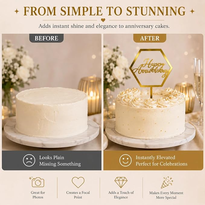 Happy Anniversary Cake Topper,Gold Acrylic Happy Anniversary Cake Toppers for Happy Anniversarys Party Wedding Anniversarys Supplies Party Cake Decor