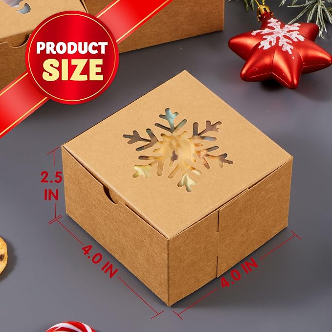 JOYIN 36 PCS Christmas Cookie Boxes for Gift Giving, Brown Bakery Treat Boxes with Window, 4" x 4" x 2.5" Gift Wrap Box for Xmas Holiday Party Favor Pastries, Cupcakes, Donuts, Brownies, Donuts
