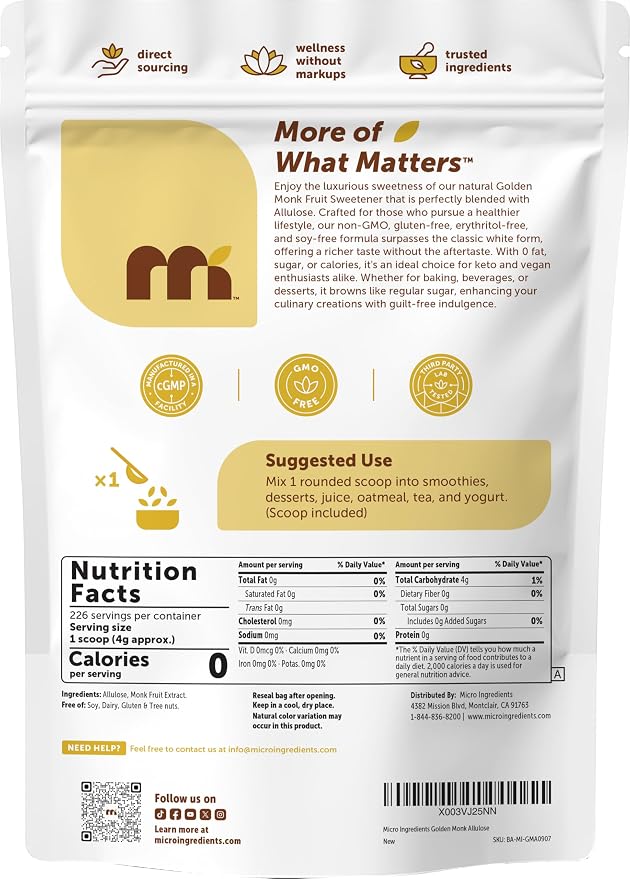 Micro Ingredients Golden Monk Fruit Sweetener with Allulose, 2 lbs | 1:1 Brown Sugar Substitute, No Erythritol, No Aftertaste | Zero Calorie Sugar Alternative for Baking, Coffee & Tea | Keto, Vegan, Non-GMO