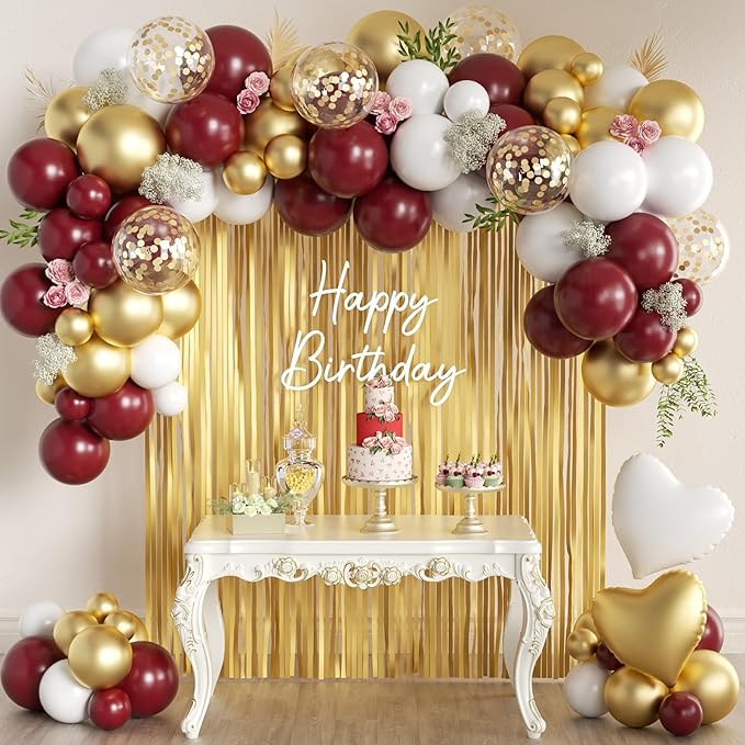 157PCS Burgundy Gold White Balloons Arch Garland Kit with Gold Fringe Curtain for Women Girls Birthday Wedding Bridal Shower Valentine's Day Party Decorations