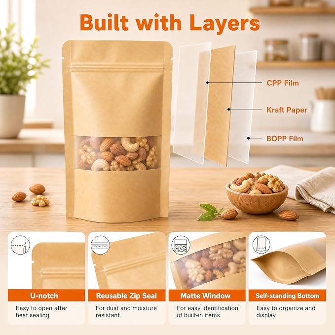 100 Pcs Kraft Paper Bags with Window, 4.7" x 7.9" Stand Up Pouches Bags, Food Storage Bags for Packaging Products, Reusable, Sealable