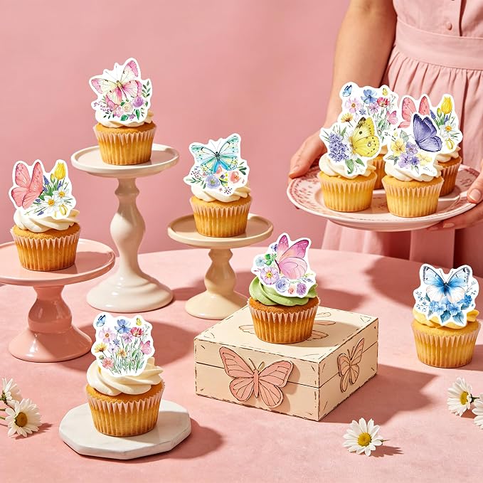 72Pcs Edible Butterfly Flower Cupcake Toppers Wildflower Cupcake Toppers Baby Shower Girl Butterfly Flower Floral Birthday Party Decoration Supplies