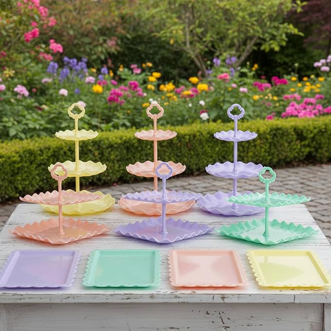Pack of 11 NWK Cake Stand Set, with 3 x Two-Tier and 3 x Three-Tier Cupcake Stands, 4 x Appetizer Trays, 1 x Tablecloth for Birthday Bridal Baby Shower Party (Colorful)