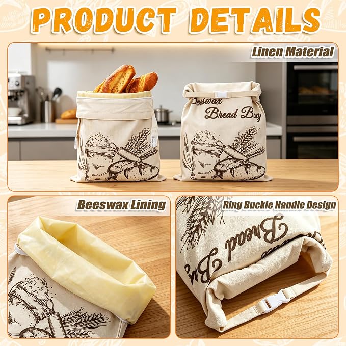Augshy 2-Pack Beeswax Bread Bags for Homemade Bread 17 inches x 13 inches Reusable Sourdough Bread Bags with Zipper Handle Beeswax Lined Linen Bread Storage for Freshness Artisanal Loaves Baguettes