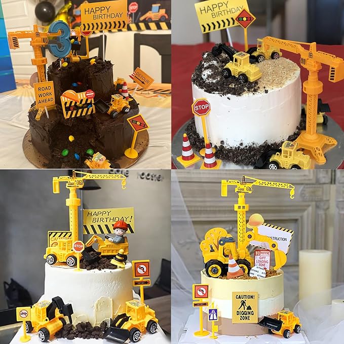 Construction Cake Topper, 18 PCS Construction Cake Decorations Set Excavator Tower Crane Cupcake Topper Traffic and Road Sign Decor Happy Birthday Party Supplies
