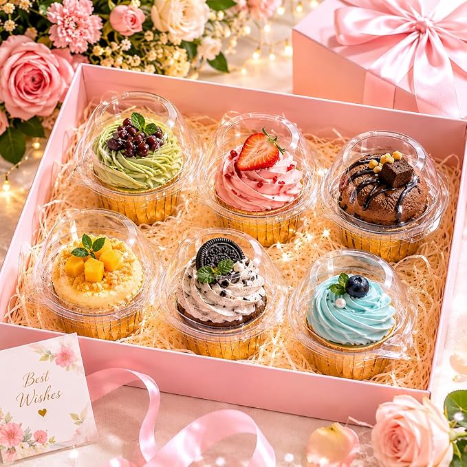 25Pack Individual Cupcake Containers with Clear Dome Lids, Single Cupcake Holder Boxes for Frosted Cupcakes, Bakery-Style Cupcake Carrier for Parties, Bake Sales, School Events