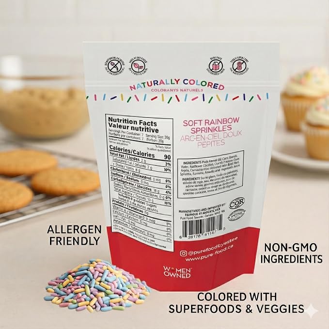 Pure Food By Estee Natural Soft Rainbow Color Sprinkles, 5oz | Vegan | Dye Free Rainbow Jimmies for Baking | Natural Colors | Soy Free, Gluten Free, Dairy Free, Nut Free