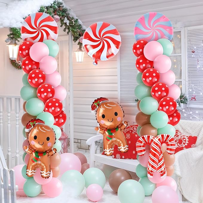 2 Sets Christmas Gingerbread Balloon Stand for Floor Adjustable Red Whilt Balloons Column Kit Set of 2 with Candy Crutch Balloons Tower Stand for Birthday Baby Shower Party Supplies