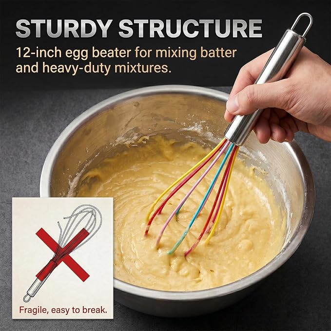 Silicone Whisk,Stainless Steel Wired Wisk Set 8" 10" 12",Heat Resistant 480°F,Perfect for Non-Stick Cookware, Kitchen Whisks for Whisking, Cooking, Baking, Beating & Frothing (Rainbow)
