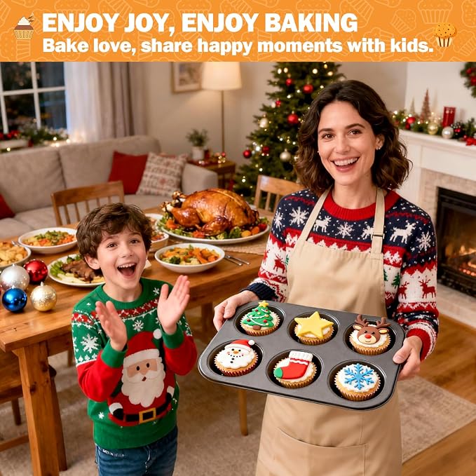 Mity rain 2 Pack Jumbo Muffin Pan, Premium Carbon Steel 6-Cup Cupcake Pan, with 80 Non-Stick Paper Liners & 6 Reusable Silicone Liners, Ideal for Party, Christmas, Home Baking Supplies