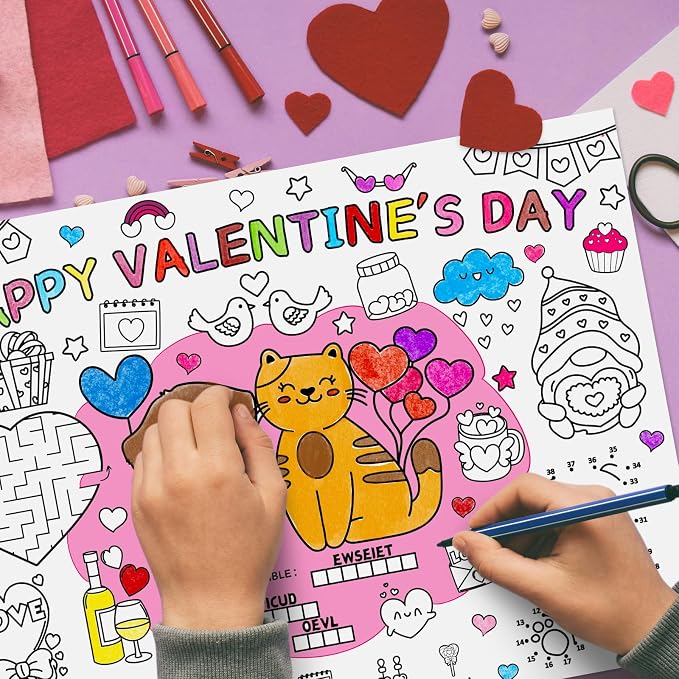 45pcs Valentine's Day Disposable Coloring Placemats Valentines Day Crafts for Kids Valentine Party Favors Coloring Poster Valentine Party Supplies School Classroom Activities Paper Table Mats