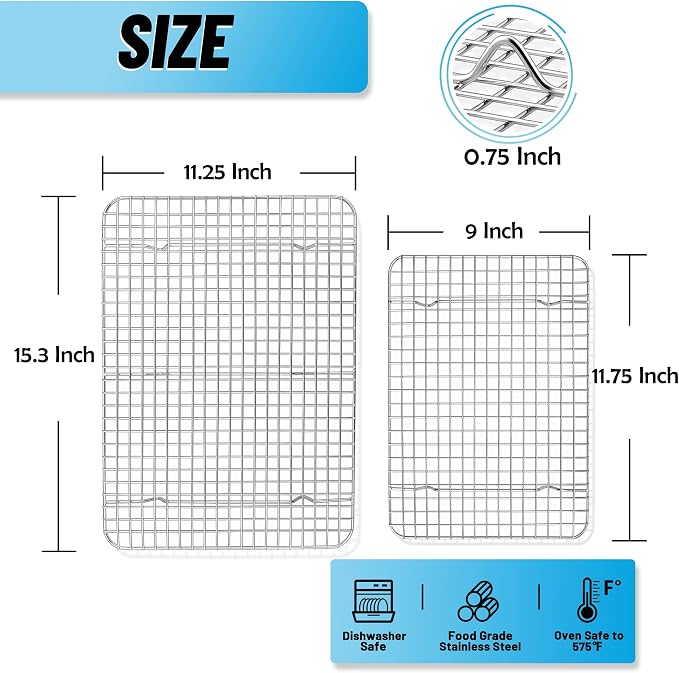 TeamFar Cooling Rack, 2 Pack Stainless Steel (15 Inch & 12 Inch) Baking Roasting Rack for Oven Baking Pan, Heavy Duty Wire Rack for Cookies Chicken Bacon, Healthy & Rust Free, Dishwasher Safe