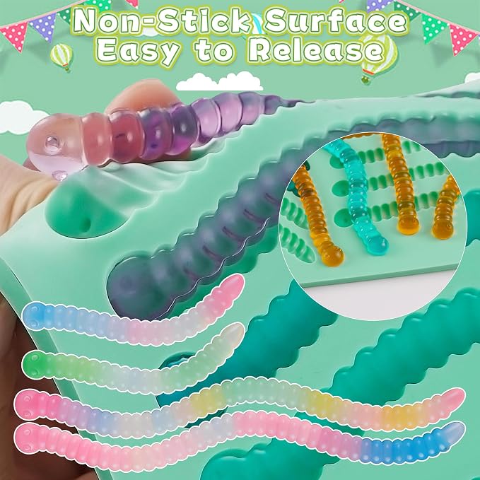 5PCS Silicone Gummy Worm Molds,Worm Gummy Candy Mold,Non-Stick Worm Candy Mold with 2 Droppers for Convenient Filling,Gummy,Candy，Chocolate,85Cavity