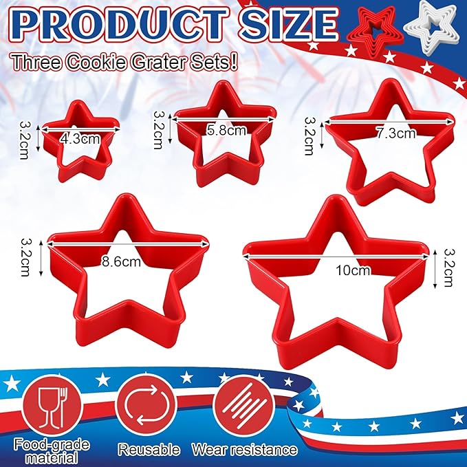 Domensi 3 Sets Plastic Star Cookie Cutter, Red, Blue and White, 4th of July Star Shapes Cookie Cutters Molds for Baking, Biscuit