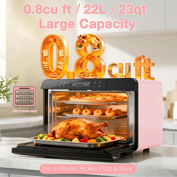 ROBAM Toaster Air Fryer Combi Oven, Countertop Steam Oven 14-in-1 with Convection Steam Roast & Bake, Multi-Stage Cooking, Self-Clean, 7 Modes, 30 Built-In Recipes, for Kitchen Pizza Baking (Pink)