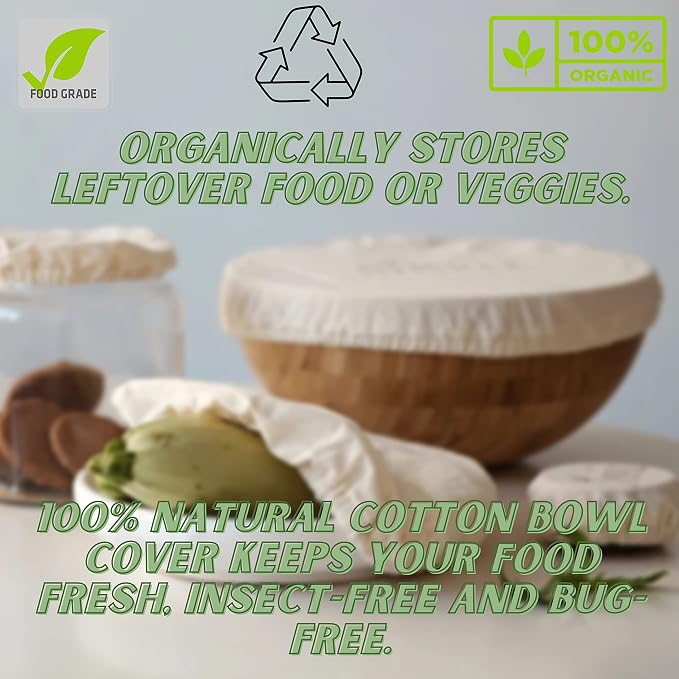 Set of 5 Linen Food Bowl Storage Covers ~ Stretchable Dish Can Lids, Fruit Vegetable Meat Preservation Fresh Keeping Bread Proofing Cover | 100% Natural Cotton and Washable