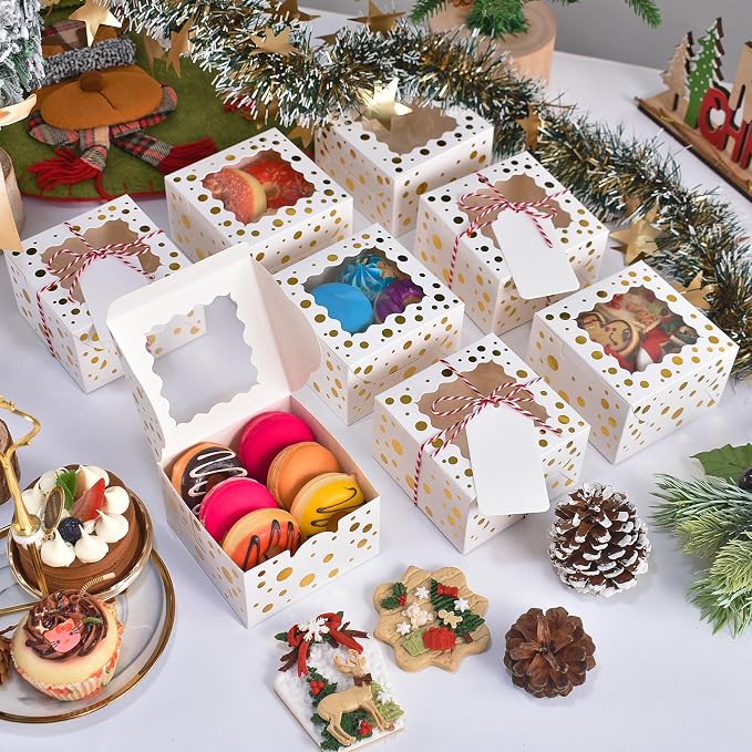 32Pcs 4x4x2.5 in Christmas Cookie Boxes with Window, White Bakery Boxes for Cookie, Treat Boxes Pastry Boxes for Gift Giving, Chocolate Covered Strawberries, Dessert, Donut, Cupcakes Muffins